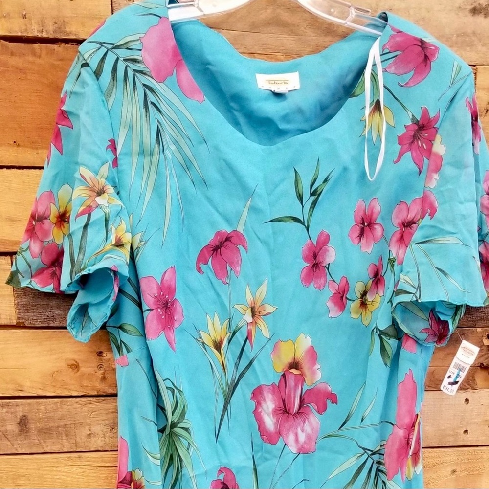 Talbots Turquoise Floral Maxi Dress with Pink and Yellow Blooms